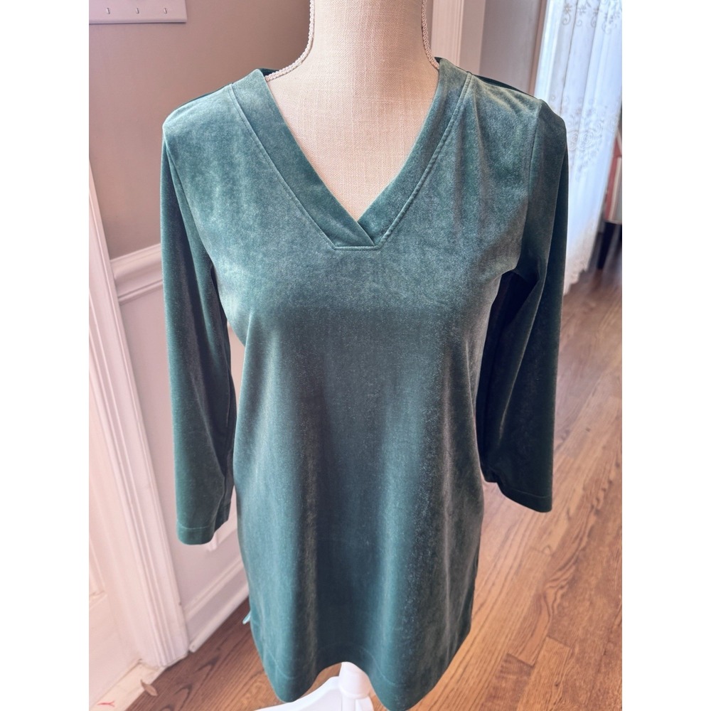 Lands' End Green Velour Split‎ Neck Stretch Tunic Shirt Top  Xtra Small